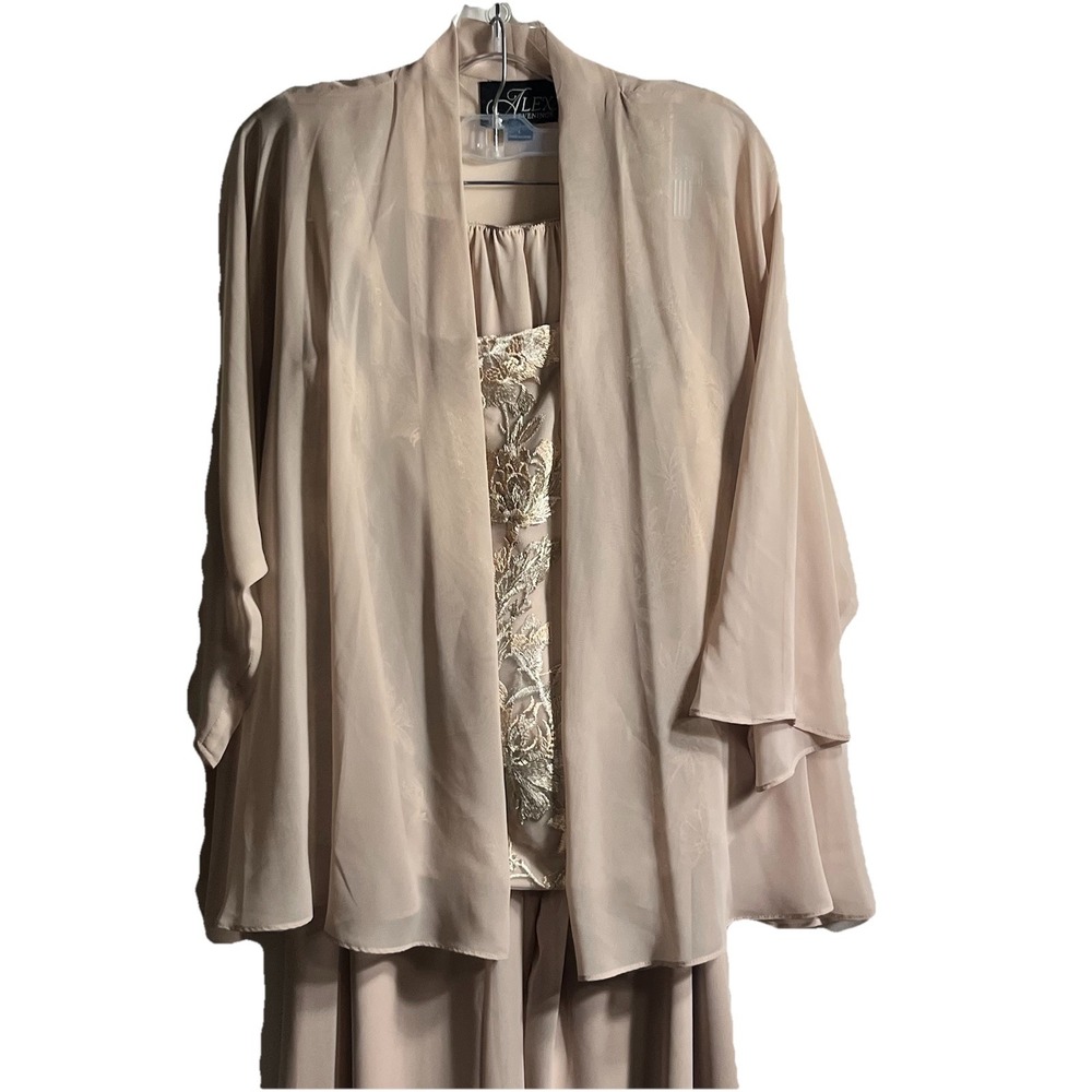 Alex Evenings L 3 Pc jacket top pants suit Sheer Lined Beige Flowy Embroidered